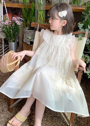 Art Beige Ruffled Hollow Out Cotton Girls Long Dress Summer