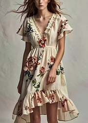 Art Beige Ruffled Print Cotton Dresses Short Sleeve