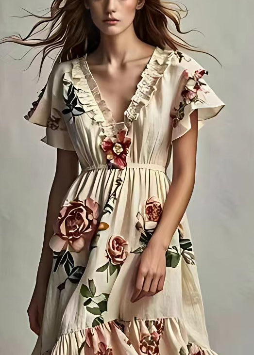 Art Beige Ruffled Print Cotton Dresses Short Sleeve