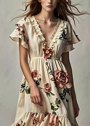 Art Beige Ruffled Print Cotton Dresses Short Sleeve