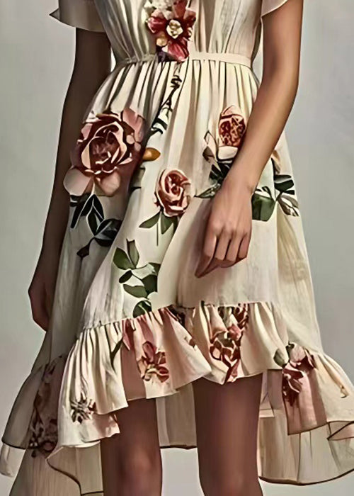 Art Beige Ruffled Print Cotton Dresses Short Sleeve