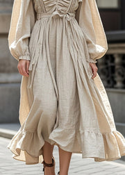 Art Beige Tie Waist Wrinkled Cotton Long Dresses Fall