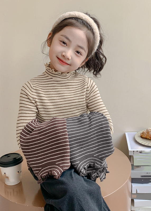 Art Beige Turtleneck Ruffled Striped Cotton Knit Girls Sweaters Spring