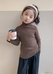 Art Beige Turtleneck Ruffled Striped Cotton Knit Girls Sweaters Spring