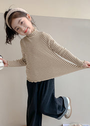 Art Beige Turtleneck Ruffled Striped Cotton Knit Girls Sweaters Spring