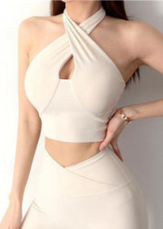 Art Beige V Neck Backless Cotton Yoga Tops Sleeveless