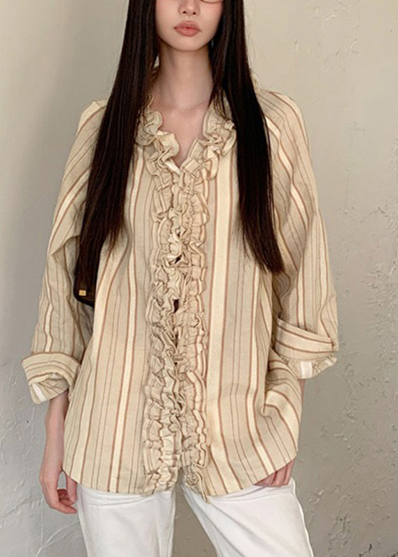 Art Beige V Neck Ruffled Striped Patchwork Shirts Spring