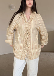 Art Beige V Neck Ruffled Striped Patchwork Shirts Spring