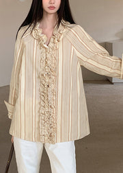 Art Beige V Neck Ruffled Striped Patchwork Shirts Spring