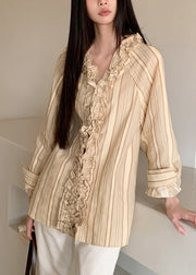 Art Beige V Neck Ruffled Striped Patchwork Shirts Spring