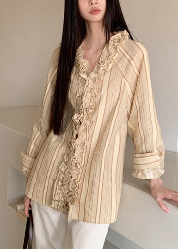 Art Beige V Neck Ruffled Striped Patchwork Shirts Spring