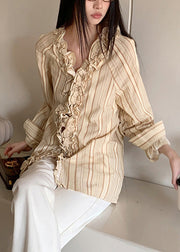 Art Beige V Neck Ruffled Striped Patchwork Shirts Spring