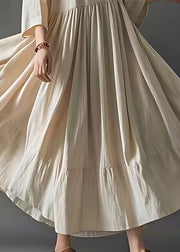 Art Beige Wrinkled Solid Cotton Long Dresses Bracelet Sleeve