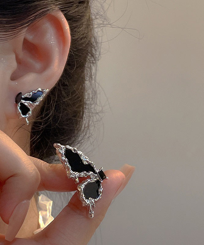 Art Black Alloy Butterfly Asymmetrical Stud Earrings