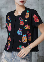 Art Black Animal Embroidered Knit Shirts Summer
