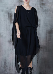 Art Black Asymmetrical Draping Chiffon Mid Dress Summer