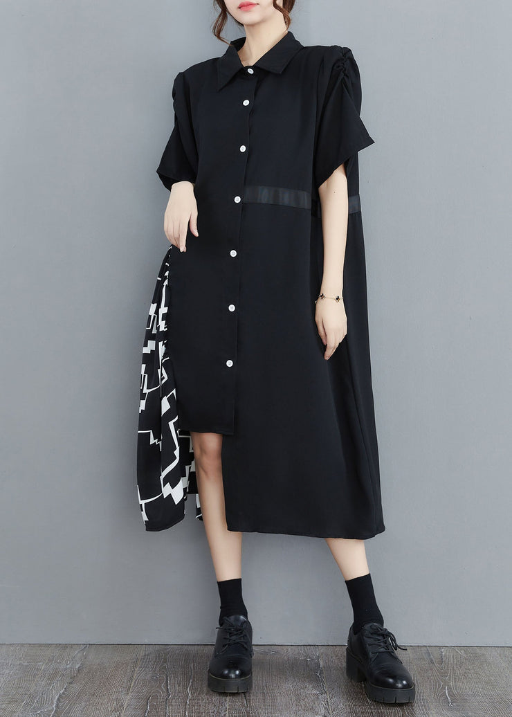 Art Black Asymmetrical Patchwork Cotton Shirt Dress Summer