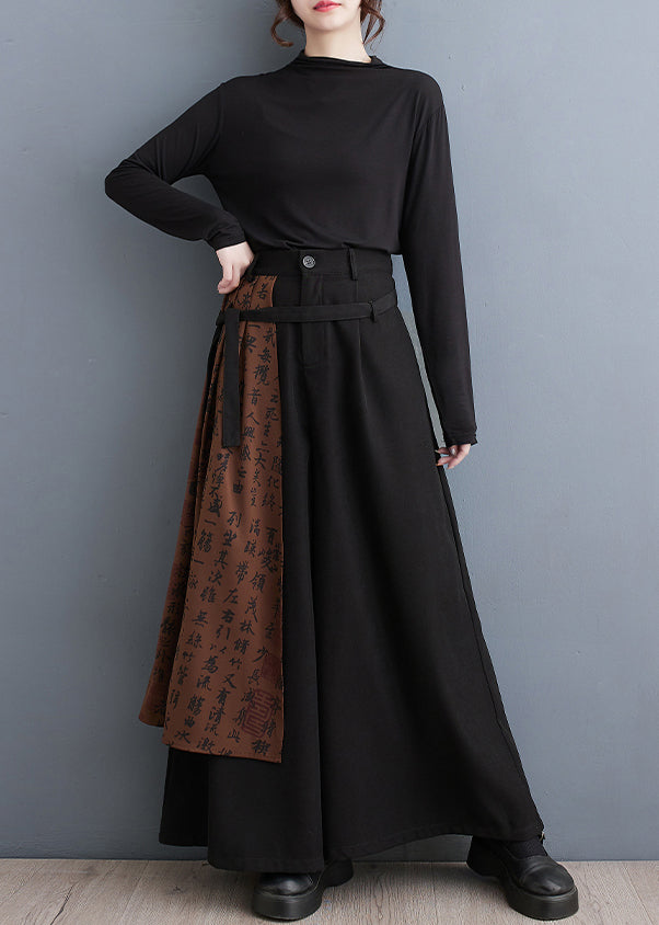 Art Black Asymmetrical Patchwork Cotton Wide Leg Pants Spring