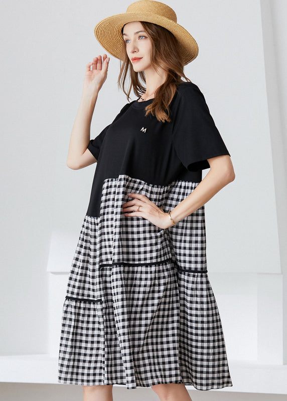 Art Black Asymmetrical Patchwork Plaid Cotton Dresses Summer