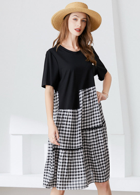 Art Black Asymmetrical Patchwork Plaid Cotton Dresses Summer