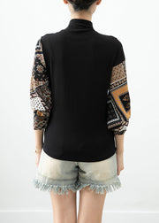 Art Black Asymmetrical Patchwork Print Cotton Blouses Batwing Sleeve