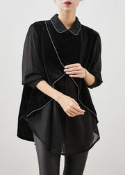 Art Black Asymmetrical Patchwork Silk Velour Blouses Spring