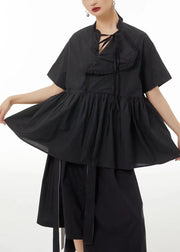 Art Black Asymmetrical Patchwork Wrinkled Cotton Shirt Tops Summer