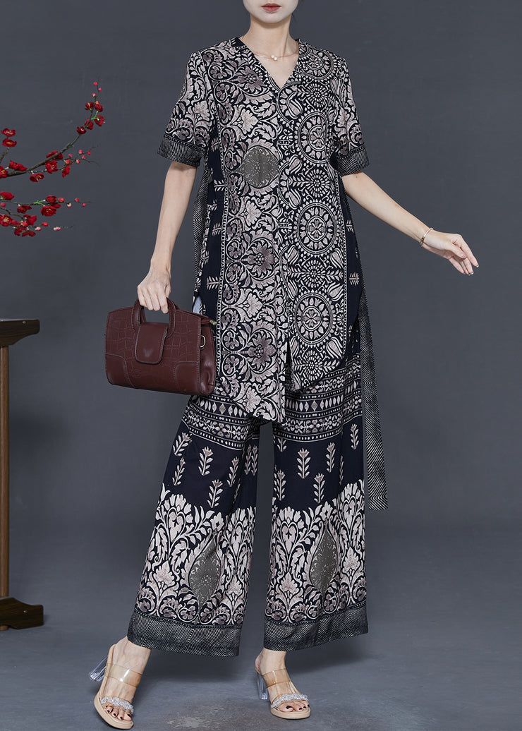 Art Black Asymmetrical Print Chiffon Two Piece Suit Set Summer