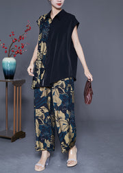 Art Black Asymmetrical Print Chiffon Two Pieces Set Summer