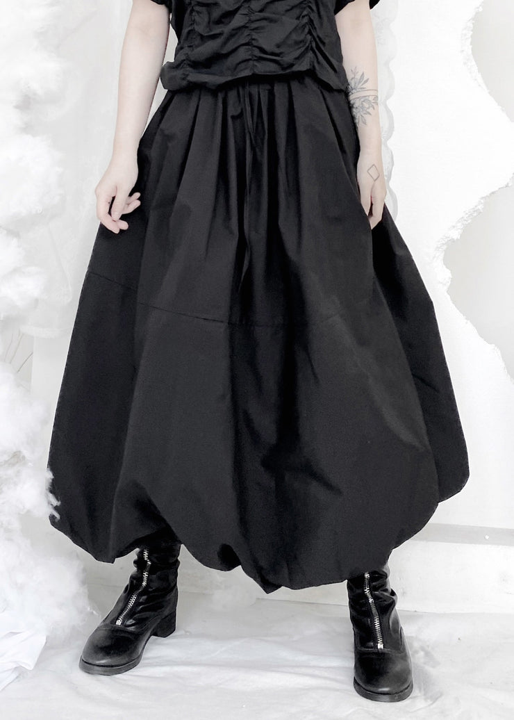 Art Black Elastic Waist Pockets Cotton Lantern Skirt Fall