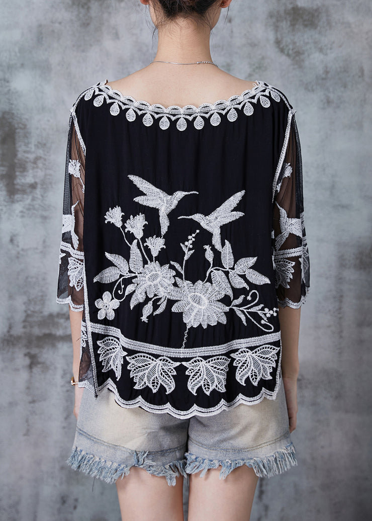 Art Black Embroidered Patchwork Cotton Shirts Batwing Sleeve