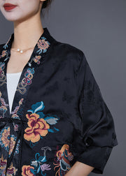 Art Black Embroideried Chinese Button Tassel Silk Cardigan Fall