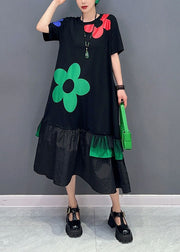 Art Black Floral Patchwork Ruffles Cotton Long Dresses Summer