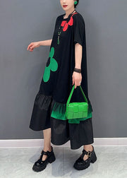 Art Black Floral Patchwork Ruffles Cotton Long Dresses Summer