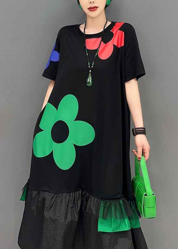 Art Black Floral Patchwork Ruffles Cotton Long Dresses Summer