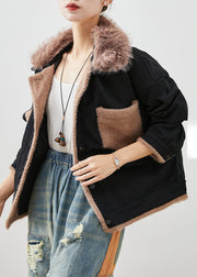 Art Black Fur Collar Patchwork Cotton Coats Fall