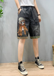 Art Black Grey Elastic Waist Cartoon Girl Denim Shorts Summer