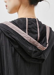 Art Black Hooded Drawstring Linen Cardigan Summer