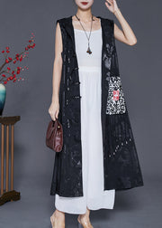 Art Black Hooded Embroidered Silk Long Vest Fall