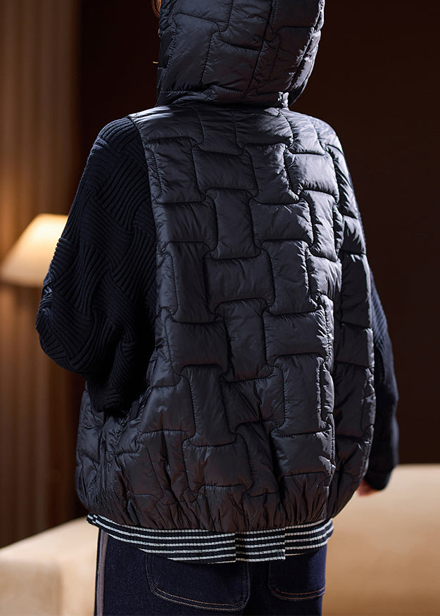 Art Black Knit Patchwork Thick Hooded Parkas Winter