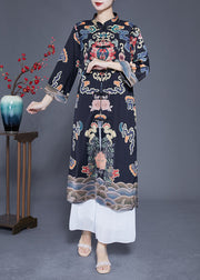 Art Black Mandarin Collar Chinese Button Print Silk Trench Coats Spring