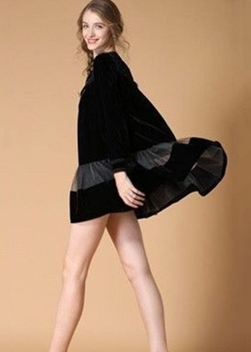 Art Black O Neck Embroideried Patchwork Velour Dresses Spring