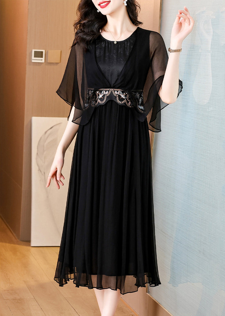 Art Black O Neck High Waist Silk Long Dress Batwing Sleeve