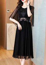 Art Black O Neck High Waist Silk Long Dress Batwing Sleeve