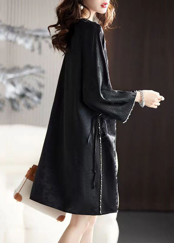 Art Black O-Neck Nail Bead Silk Mid Dress Long Sleeve