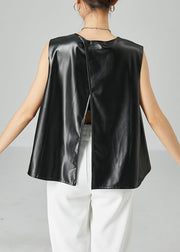 Art Black Oversized Cinched Side Open Sheepskin Vests Sleeveless