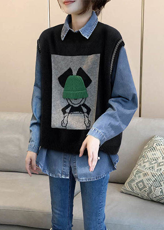 Art Black Oversized Jacquard Knit Vests And Denim Shirts Two Piece Set Women Clothing Winter