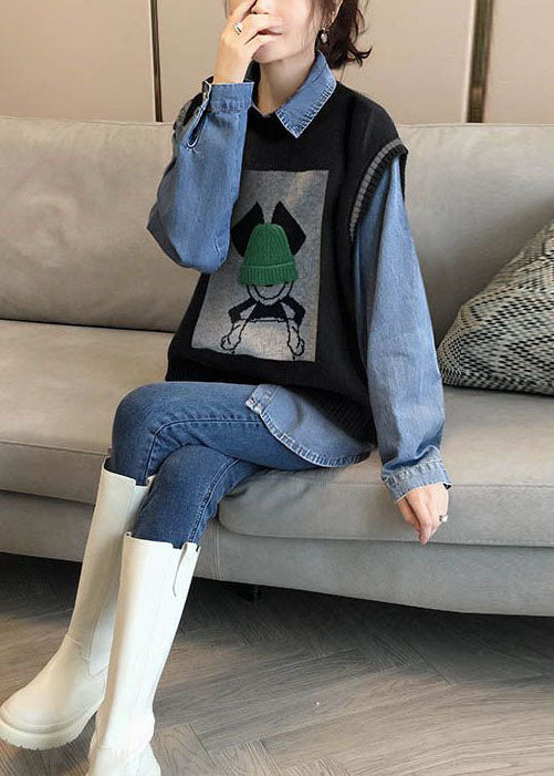 Art Black Oversized Jacquard Knit Vests And Denim Shirts Two Piece Set Women Clothing Winter