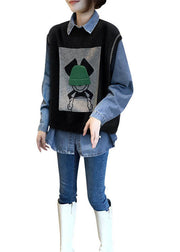 Art Black Oversized Jacquard Knit Vests And Denim Shirts Two Piece Set Women Clothing Winter