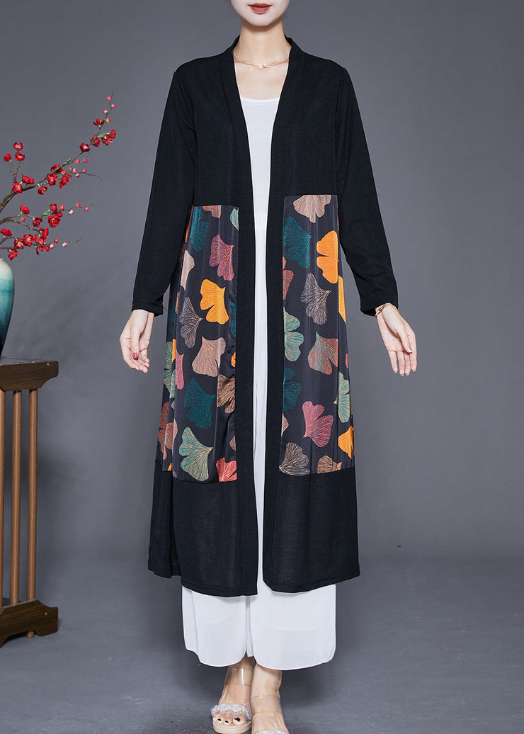 Art Black Oversized Patchwork Leaf Print Silk Cardigan Fall